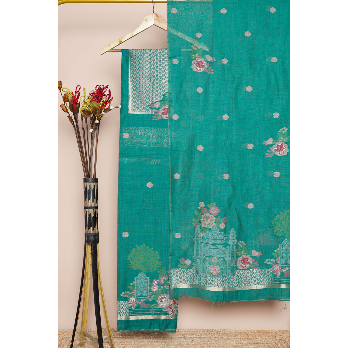 SEMI CHANDERI JAMDHANI SUIT SET