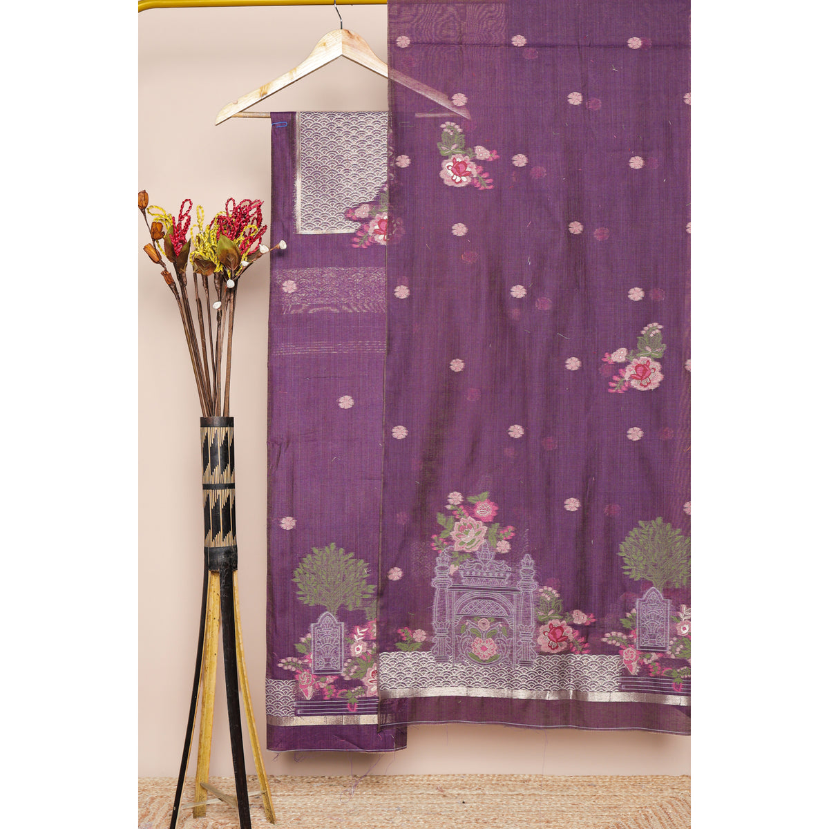 SEMI CHANDERI JAMDHANI SUIT SET