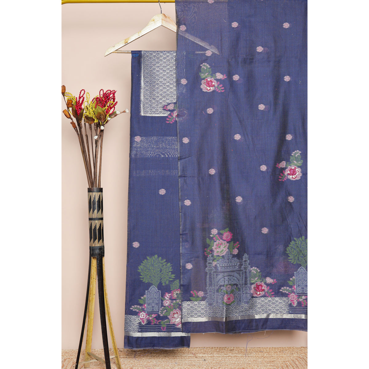 SEMI CHANDERI JAMDHANI SUIT SET