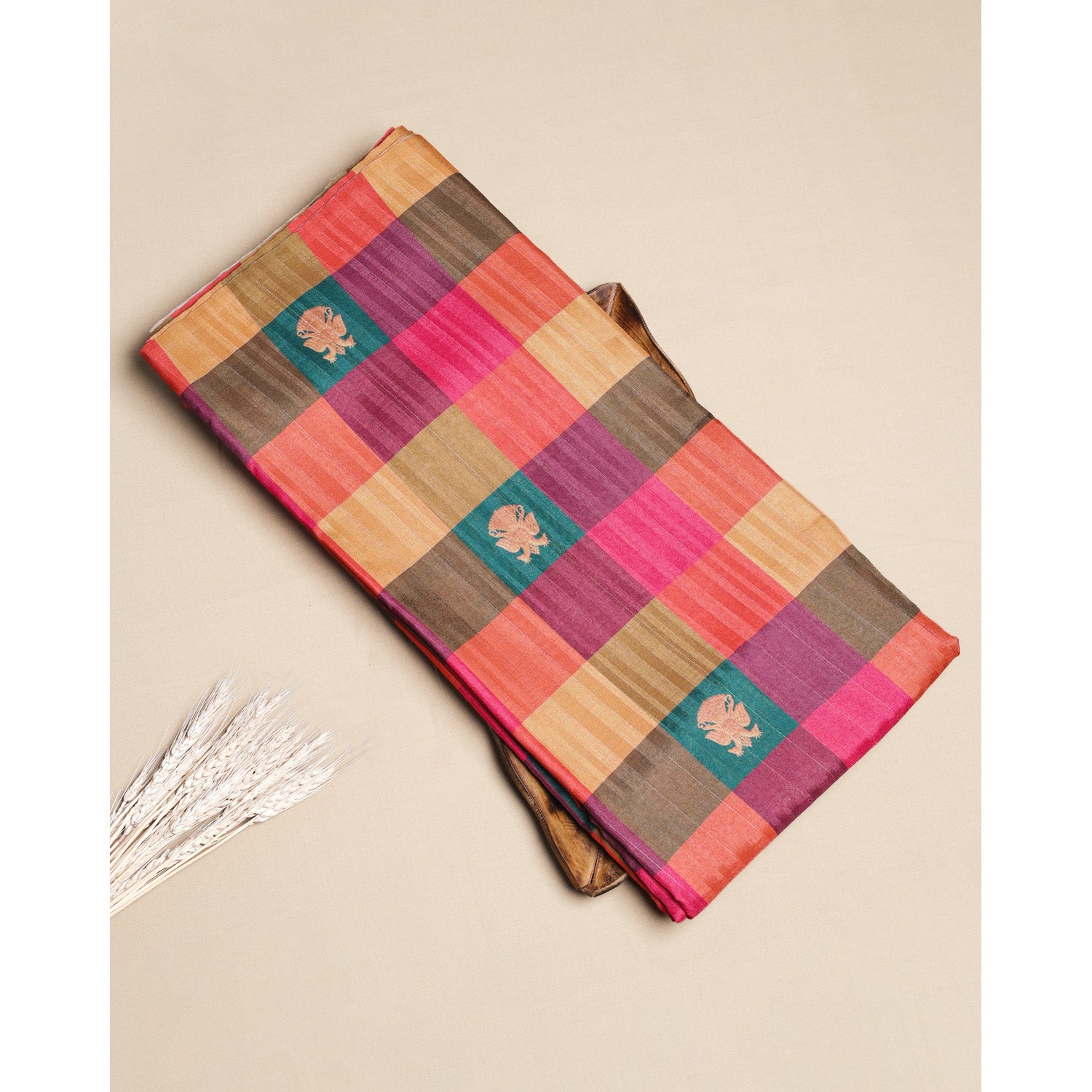SEMI TUSSAR SILK SLUB MADRAS CHECKS KATTAM FABRIC