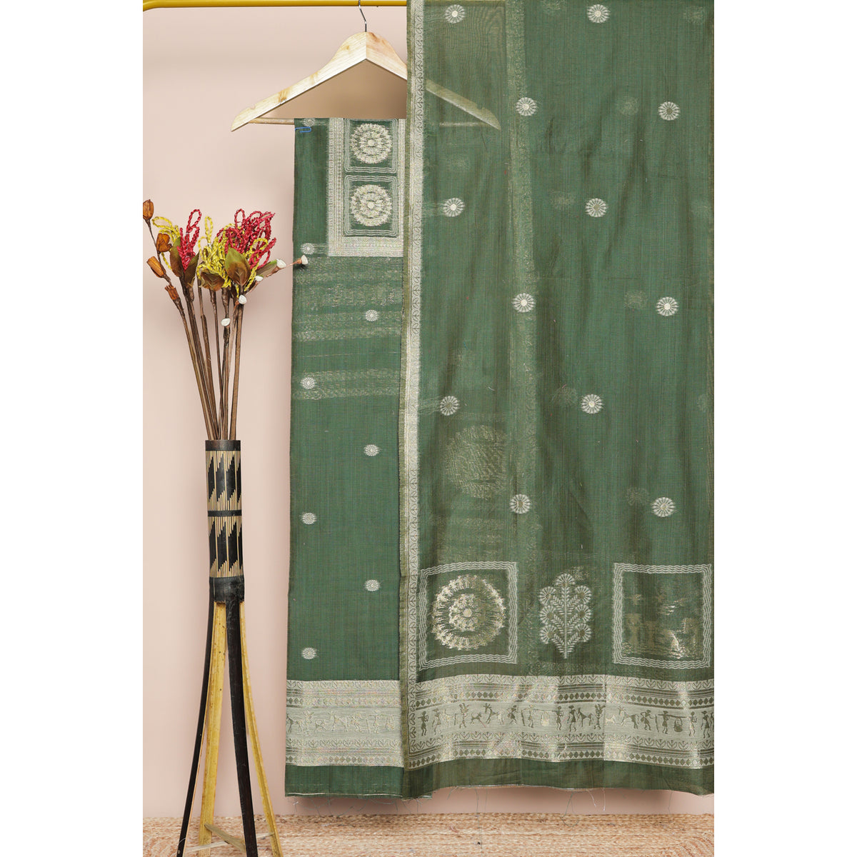 SEMI CHANDERI JAMDHANI SUIT SET