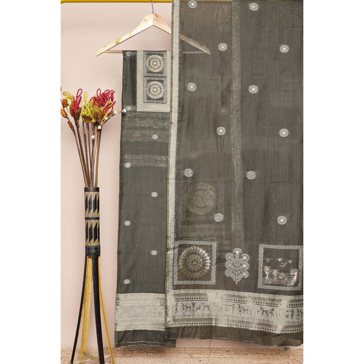 SEMI CHANDERI JAMDHANI SUIT SET