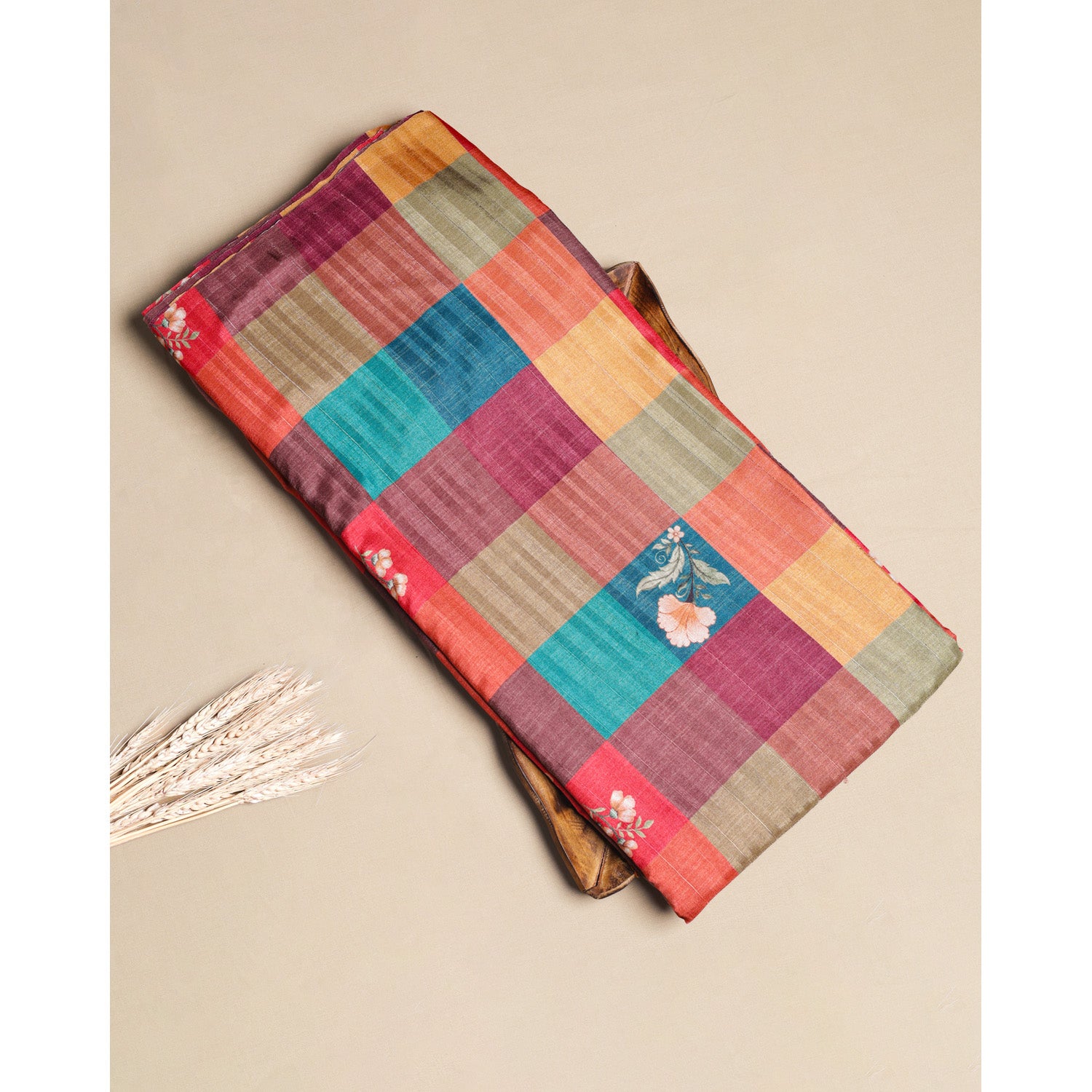 SEMI TUSSAR SILK SLUB MADRAS CHECKS KATTAM FABRIC