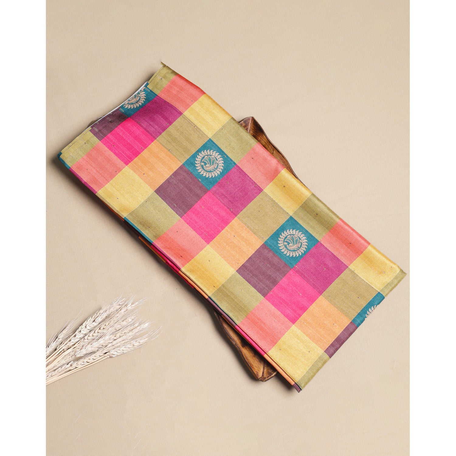 SEMI TUSSAR SILK SLUB MADRAS CHECKS KATTAM FABRIC