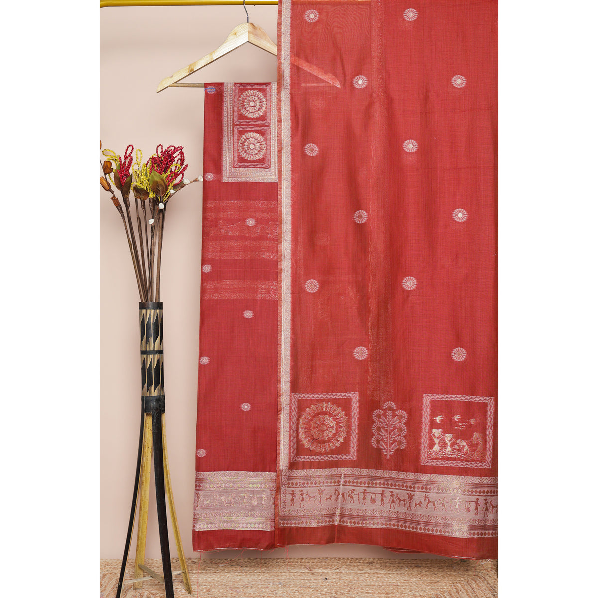 SEMI CHANDERI JAMDHANI SUIT SET