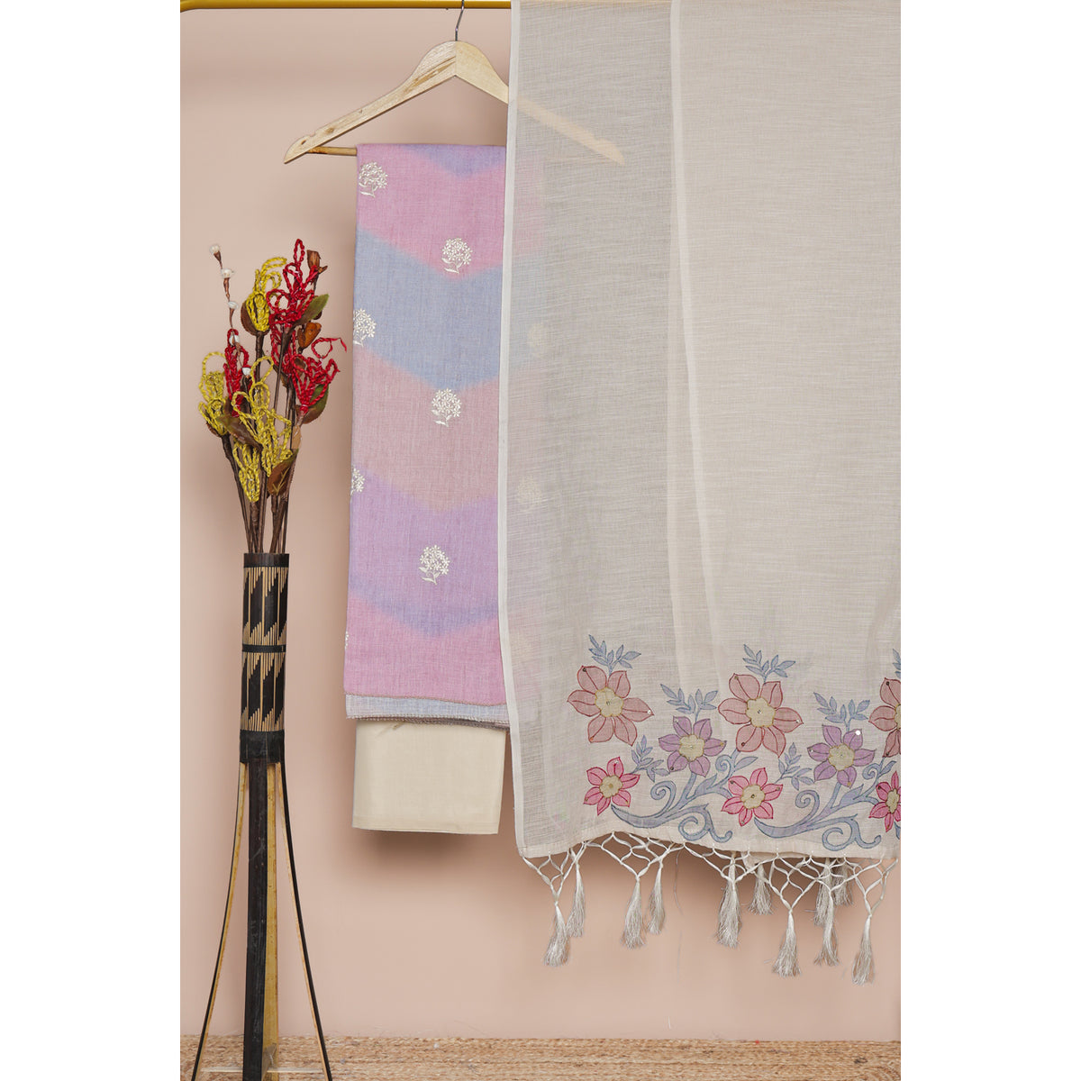 SEMI LINEN EMBROIDERED SUIT SET