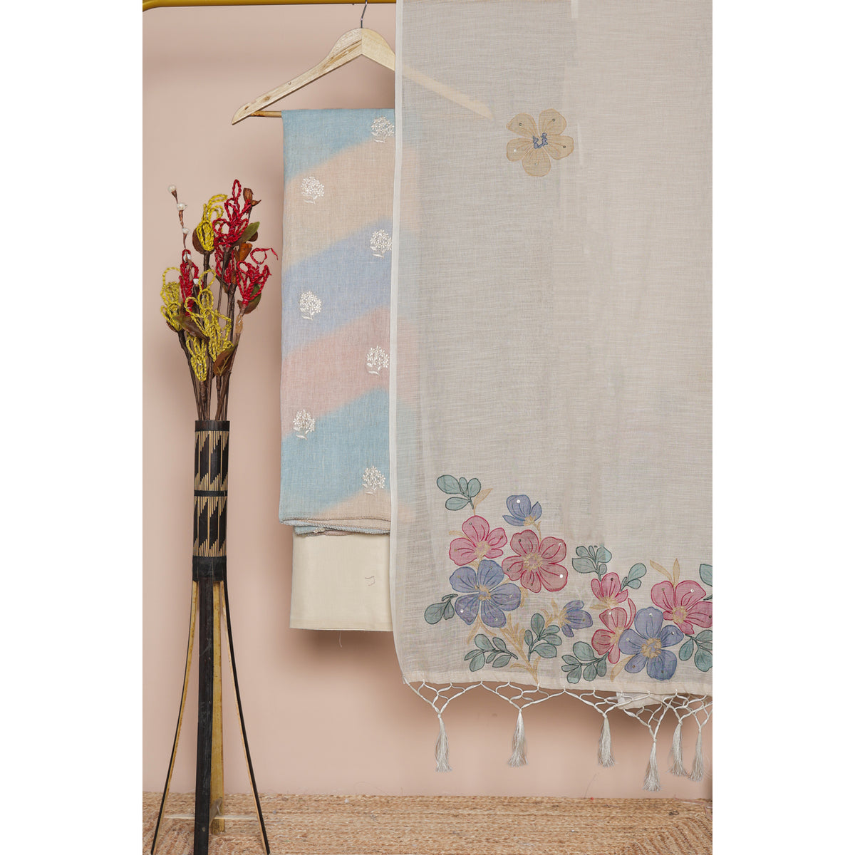 SEMI LINEN EMBROIDERED SUIT SET