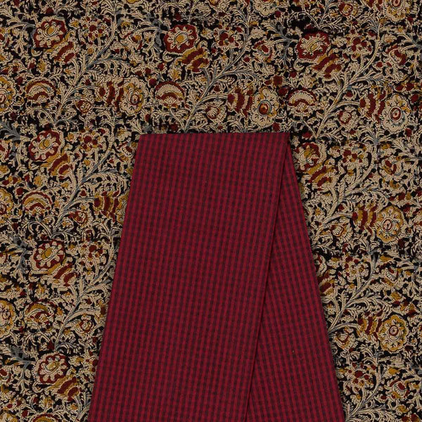 Two Pc Set Of Cotton Natural Kalamkari Block Printed Fabric & South Cotton Mini Check Fabric [2.50 Mtr Each]
