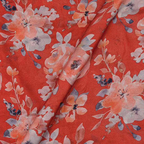 Satin Georgette Feel Fanta Orange Colour Gold Foil Floral Print Fabric Online 2116N1