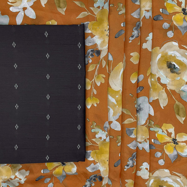 Apricot Orange Colour  Floral Print Georgette Satin Saree Set Fabric