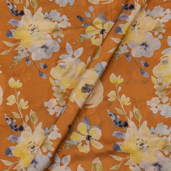 Satin Georgette Feel Apricot Orange Colour Gold Foil Floral Print Fabric Online 2116N3