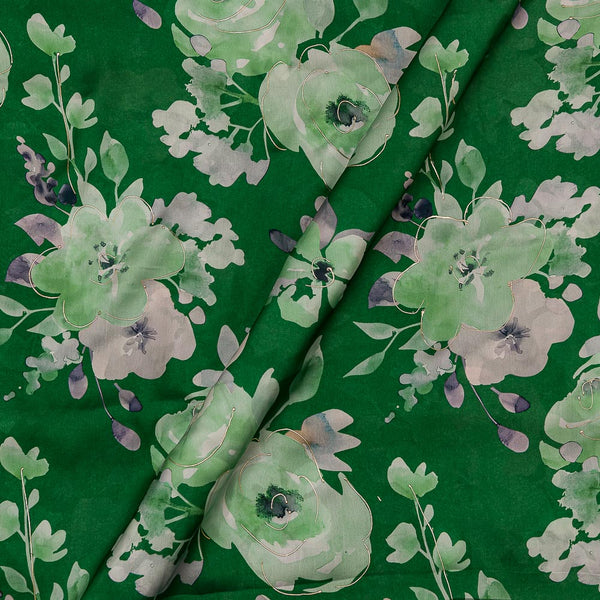 Satin Georgette Feel Green Colour Gold Foil Floral Print Fabric Online 2116N4