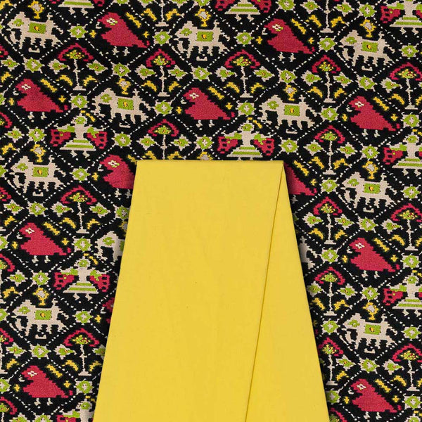 Two Pc Set Of Mashru Gaji Patola Printed Fabric & Lizzy Bizzy Plain Fabric [2.50 Mtr Each]