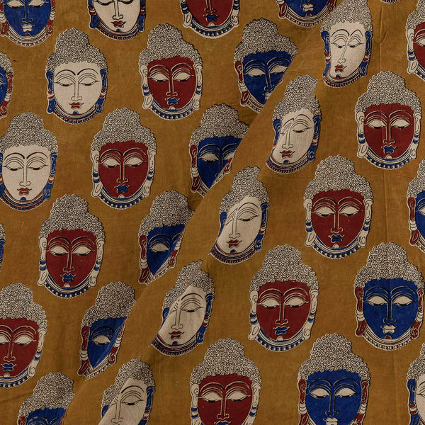 Cotton Mustard Olive Colour Buddha Face Motif Print Kalamkari 45 Inches Width Fabric