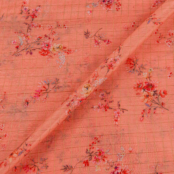 Buy Chanderi Inspired Sugar Coral Colour Gold Checks with Floral Butta Print Fancy Fabric Online 2189E