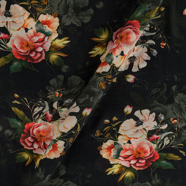 Chinon Chiffon Silk Feel Black Colour Floral Print 43 Inches Width Viscose Fabric