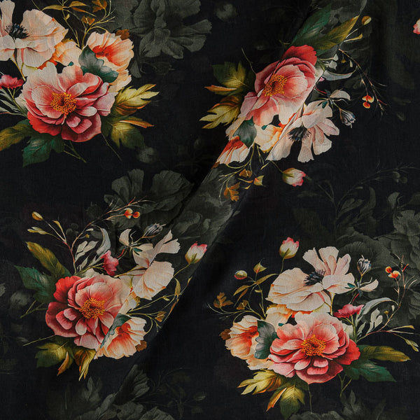 Black With Lurex Floral Print Rayon Fabric