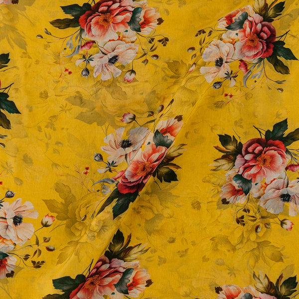 Chinon Chiffon Silk Feel Turmeric Yellow Colour Floral Print 43 Inches Width Viscose Fabric