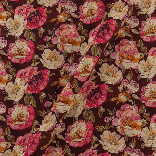 Floral Prints on Maroon Colour Crepe Silk Feel 43 Inches Width Viscose Fabric Cut Of 0.60 Meter