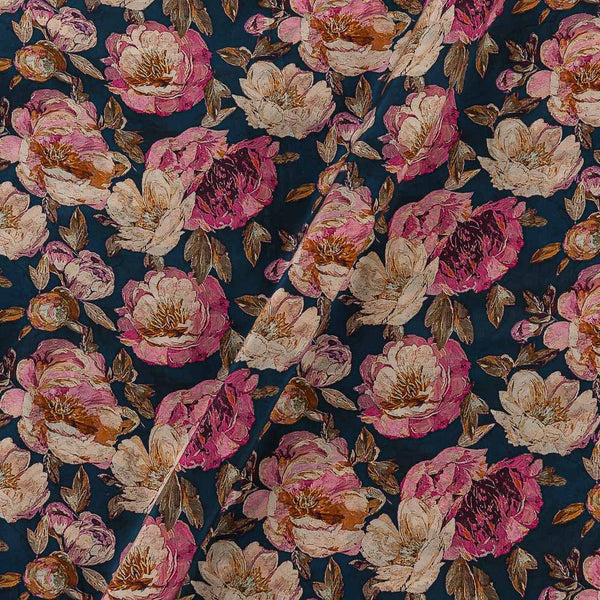 Floral Prints on Teal Colour Crepe Silk Feel 43 Inches Width Viscose Fabric