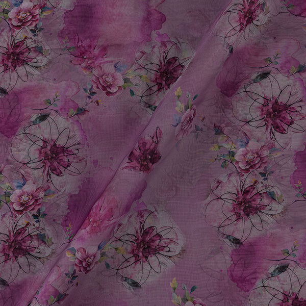 Floral Hand Painted With Foil Work On Light Lavender Organza Fabric