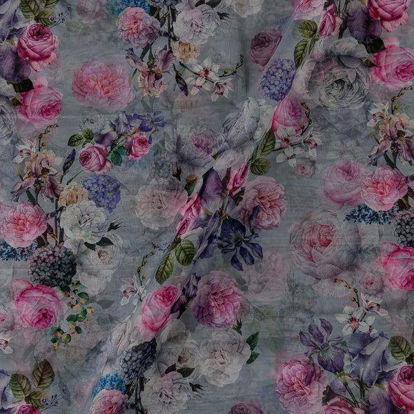 Organza Grey Colour Digital Floral Jaal Print Fabric Online 2223HB