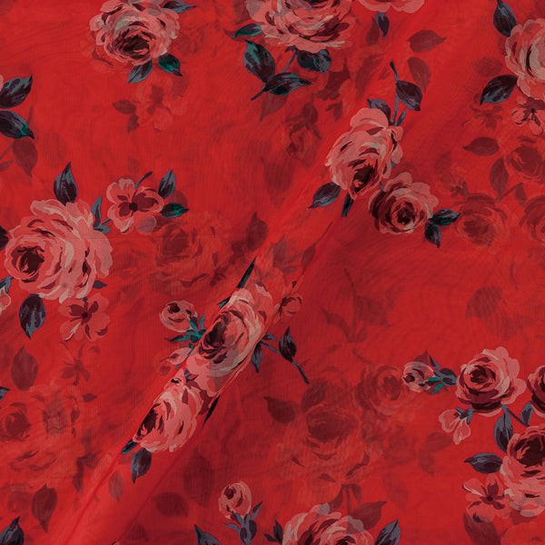 Organza Poppy Red Colour Digital Floral Print Fabric Online 2223Y
