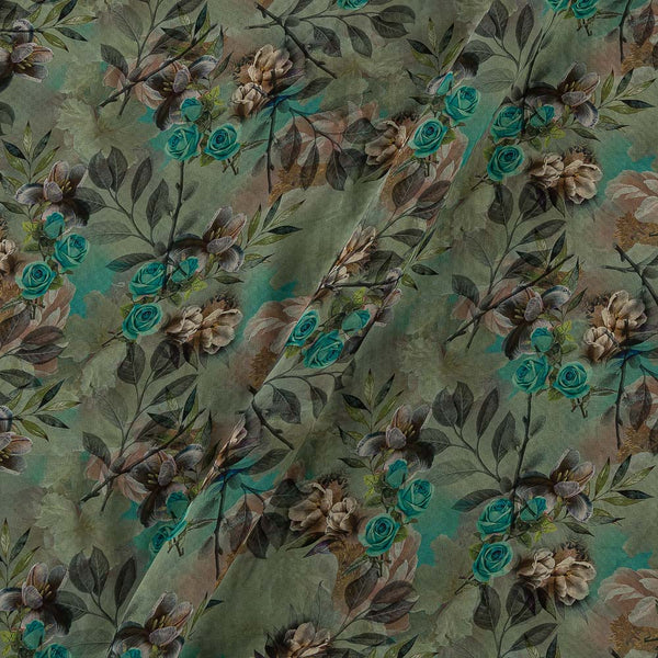 Laurel Green Colour Floral Print Self Checks Georgette Fabric Online 2238N
