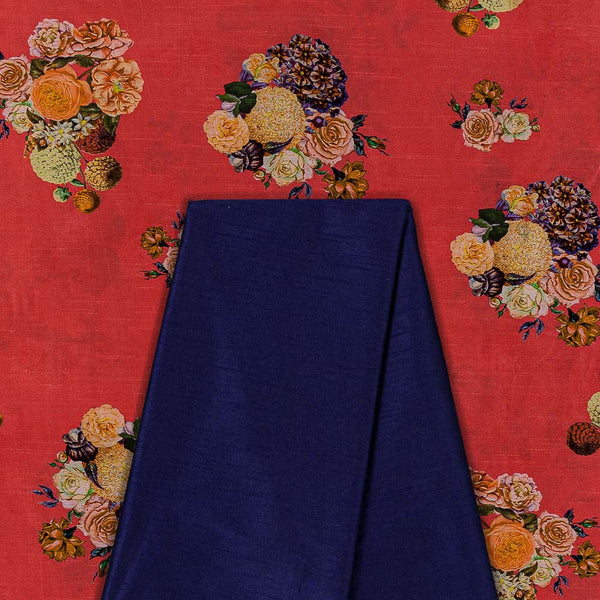Two Pc Set Of Raw Silk Feel Printed Fabric & Banarasi Raw Silk [Artificial Dupion] Plain Fabric [2.50 Mtr Each]