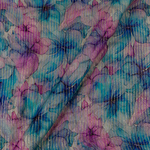 Floral Print with Golden Lurex Aqua Colour 42 Inches Width Chiffon Fabric