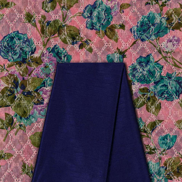 Two Pc Set Of Chanderi Feel Schiffli Cut Work Printed Fabric & Banarasi Raw Silk [Artificial Dupion] Plain Fabric [2.50 Mtr Each]