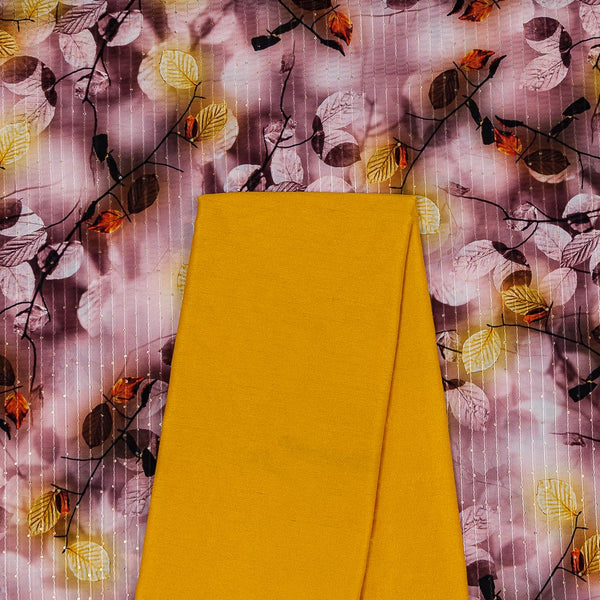 Two Pc Set Of Crepe Type Print with Tikki & Thread Embroidered Fabric & Banarasi Raw Silk Plain Fabric [2.50 Mtr Each]