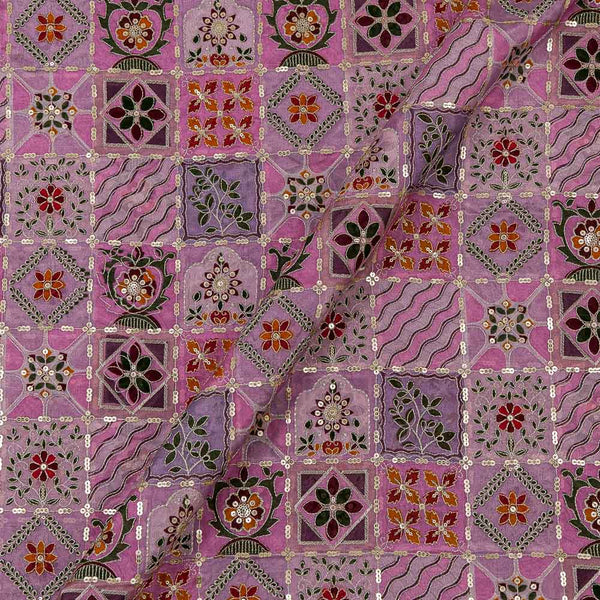 Multi Thread and Copper Sequins Embroidered on Purple Pink Colour 43 Inches Width Viscose Chinon Fabric