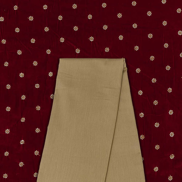 Two Pc Set Of Velvet Tikki Embroidered Fabric & Cotton Satin [Malai Satin] Plain Fabric [2.50 Mtr Each]