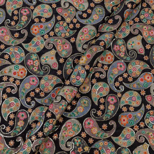 Chinon Chiffon Brown Colour Paisley Print with Sequins Embroidered Fabric
