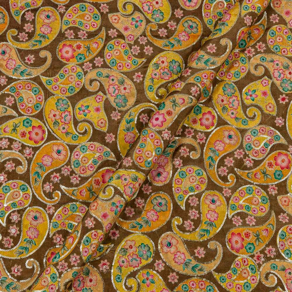Chinon Chiffon Bronze Colour Paisley Print with Sequins Embroidered Fabric