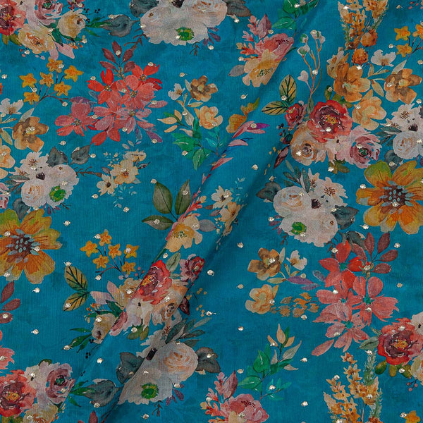 Chinon Chiffon Ocean Blue Colour Gold Badla Embroidered 43 Inches Width Fabric cut of 0.50 Meter