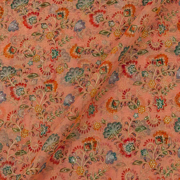 Organza Orange Colour Floral Print with Gold Tikki and Thread Embroidered Semi Silk Fabric Online 3108D2