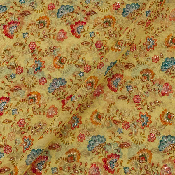 Organza Yellow Colour Floral Print with Gold Tikki and Thread Embroidered Semi Silk Fabric Online 3108D3