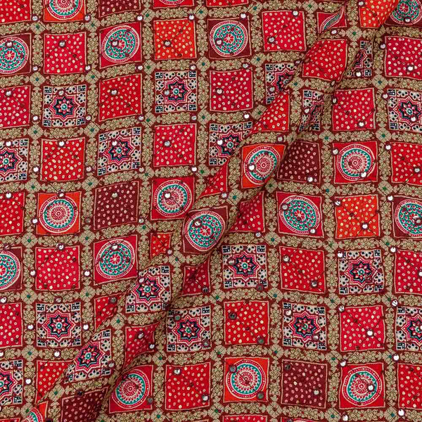 Artificial Mirror Embroidered with Gold Foil Bandhani Print on Coral Colour Cotton Satin Feel Fabric Online 3145A1