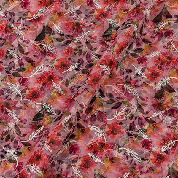 Organza Pink Colour Floral Print with White Thread and Sequins Embroidered Fabric