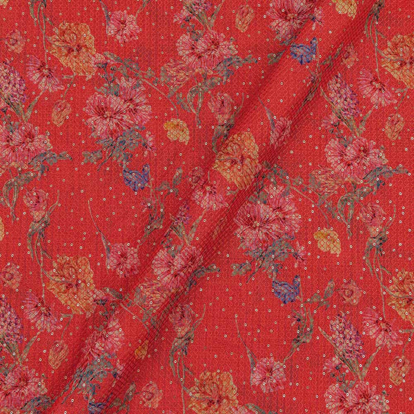 Linen Feel Sugar Coral Colour Jaal Print with Thread and Tikki Embroidered 42 Inches Width Fancy Fabric