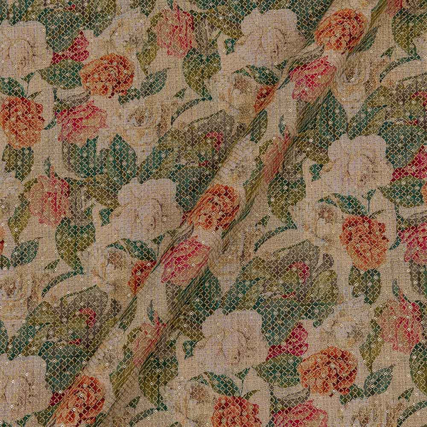 Linen Feel Beige Colour Floral Print with Thread and Tikki Embroidered 42 Inches Width Fancy Fabric
