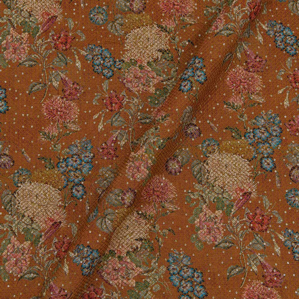 Linen Feel Brown Colour Floral Print with Thread and Tikki Embroidered 43 Inches Width Fancy Fabric