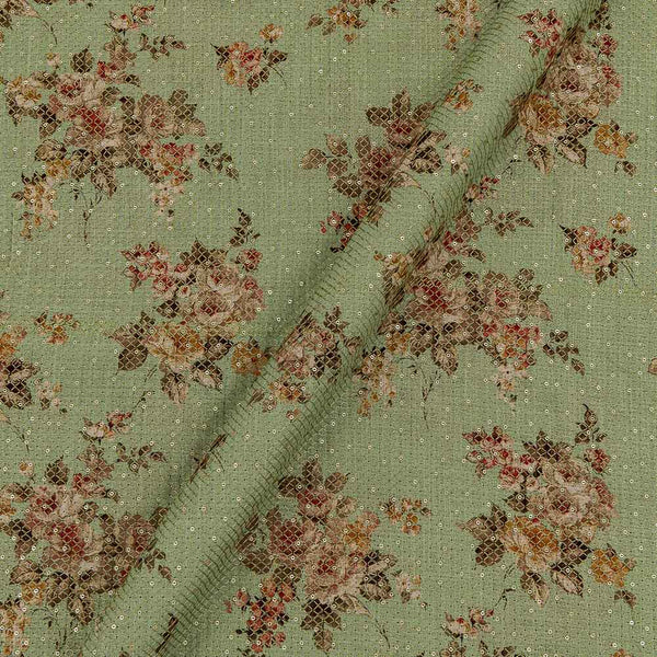Linen Feel Pista Green Colour Floral Print with Thread and Tikki Embroidered 42 Inches Width Fancy Fabric