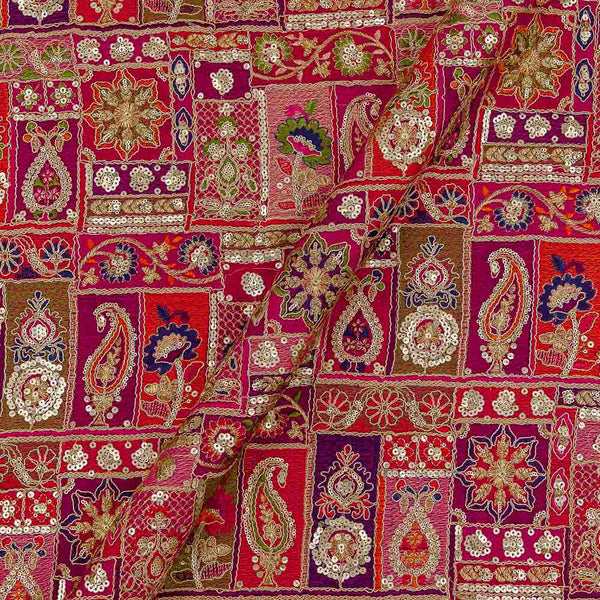 Rani Pink Colour Multi Thread & Tikki Embroidered Viscose Georgette 43 Inches Width Fabric