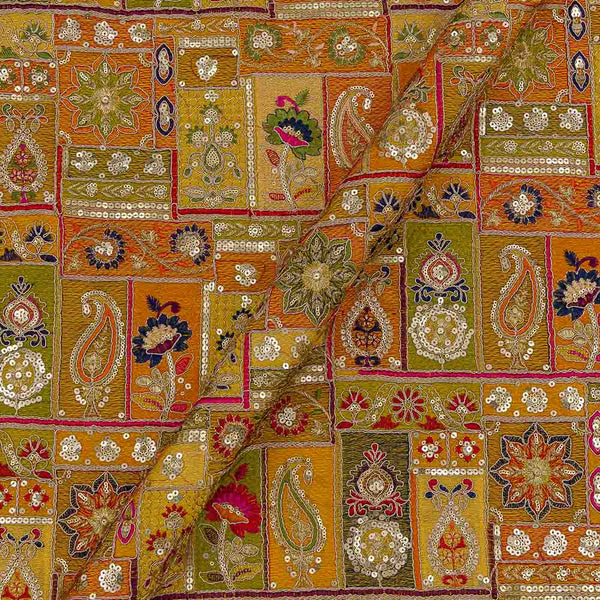Golden Yellow Colour Multi Thread & Tikki Embroidered Viscose Georgette 43 Inches Width Fabric
