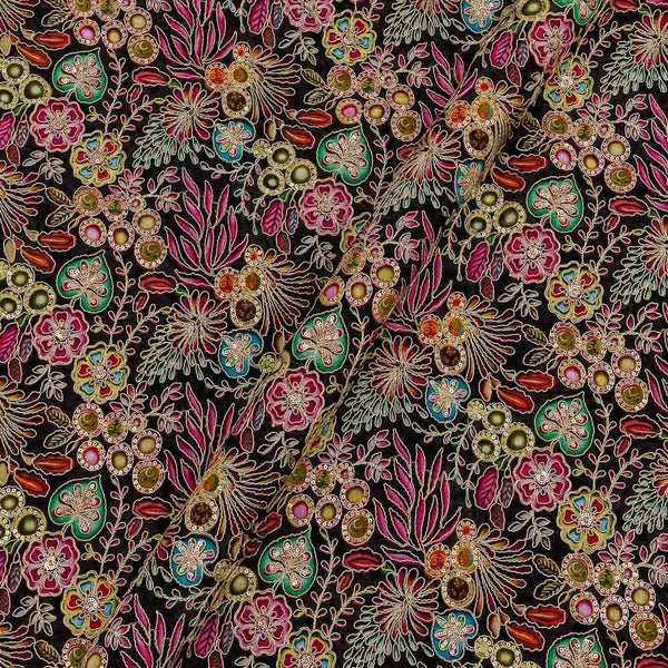 Chinon Chiffon Black Colour Gold Thread and Sequence Embroidered 40 Inches Width Fabric