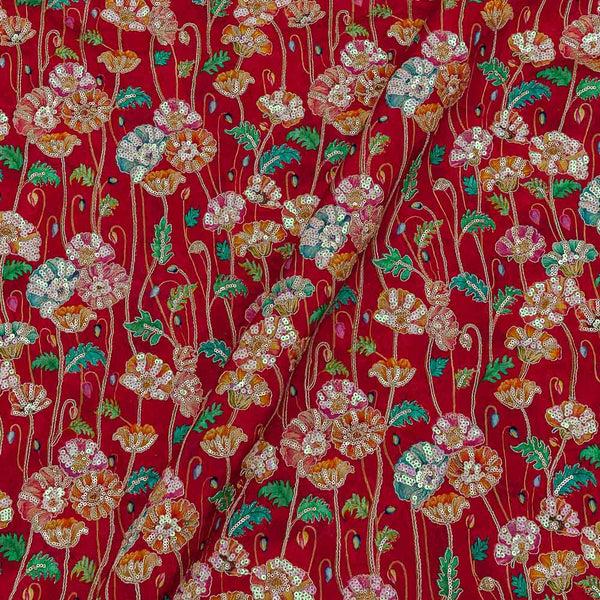 Chinon Chiffon Crimson Red Colour Jaal Print with Gold Thread and Tikki Embroidered 42 Inches Width Fabric