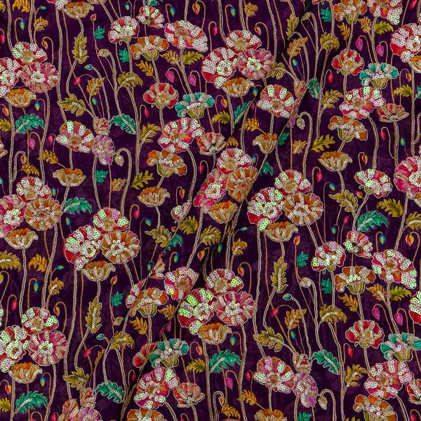 Chinon Chiffon Purple Wine Colour Jaal Print with Gold Thread and Tikki Embroidered 42 Inches Width Fabric
